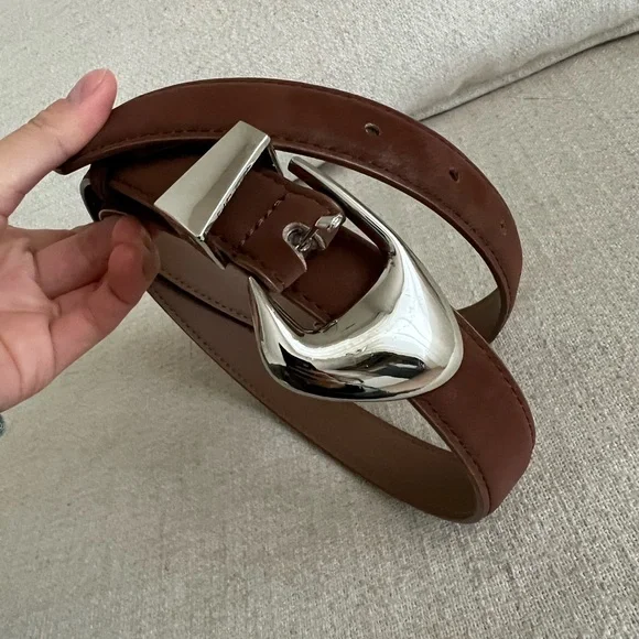 Brown Suede/Nubuck Belt with Silver Sculptural Asymmetric Buckle - Picture 3 of 3